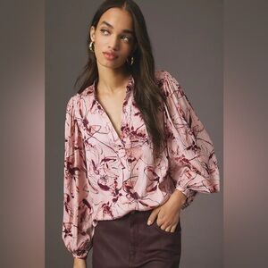 By Anthropologie Pleated-Sleeve Henley Blouse